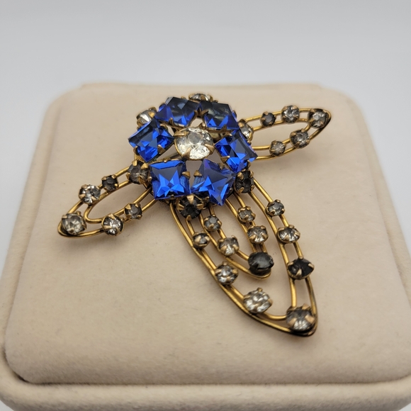 Vintage MCM M&S Gold Filled Cobalt Blue & White Rhinestones Brooch Pin - Picture 2 of 15
